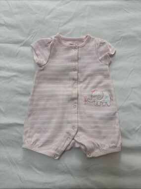 Little Me - Pink and White Striped Romper with Elephant Embroidery